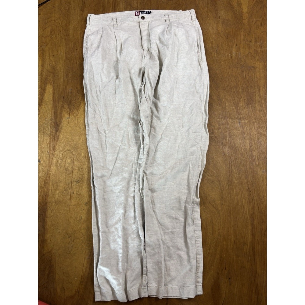 VINTAGE Chaps Ralph Lauren Pants Men 37x33 Beige Linen Blend Baggy Loose Trouser